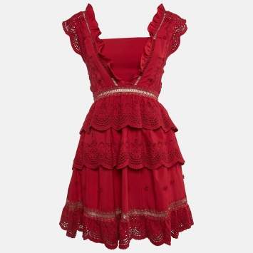 Pre Owned Self-Portrait Red Broderie Anglaise Chiffon Tiered Mini Dress S