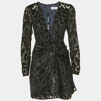 Pre Owned Self-Portrait Black Metallic Leopard Flocked Chiffon Mini Dress S