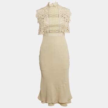 Pre Owned Self-Portrait Beige Lace Trim Crepe Midi Dress S