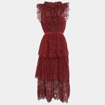 Pre Owned Self-Portrait Burgundy Cord Lace Tiered Midi Dress S
