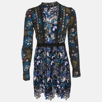 Pre Owned Self-Portrait Blue/Black Floral Print chiffon and Lace Short Dress S