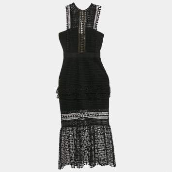 Pre Owned Self-Portrait Black Guipure Lace Tiered Midi Dress XS