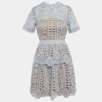 Pre Owned Self-Portrait Blue Guipure Lace Mini Dress S