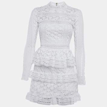 Pre Owned Self-Portrait White Guipure Lace Tiered Mini Dress S