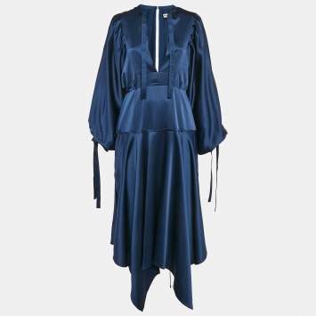 Pre Owned Self-Portrait Blue Satin Asymmetric Long Dress M