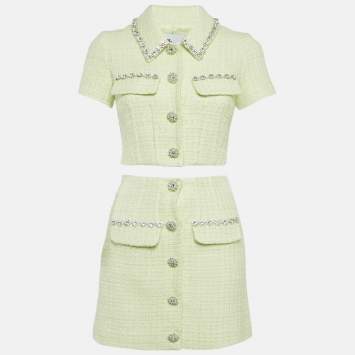 Pre Owned Self-Portrait Lime Green Tweed Embellished Button Top and Skirt Set S/XS