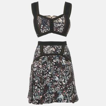 Pre Owned Self-Portrait Black Floral Jacquard Top and Pleated Skirt Set M/S