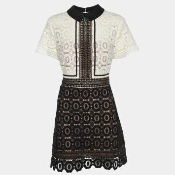 Pre Owned Self-Portrait White/Black Lace Felicia Collared Mini Dress M
