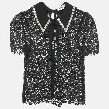 Pre Owned Self-Portrait Black Beads Embellished Lace Sheer Shirt S