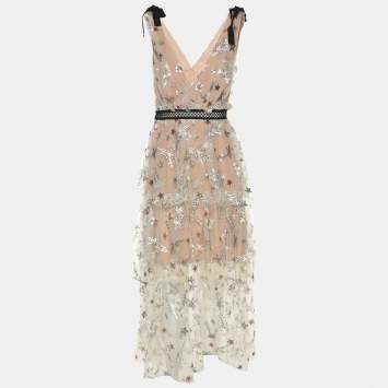 Pre Owned Self-Portrait Beige Mesh Star Midi Dress S