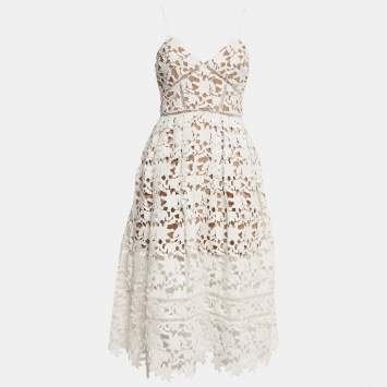 Pre Owned Self-Portrait White Guipure Lace Sleeveless Azaelea Midi Dress S