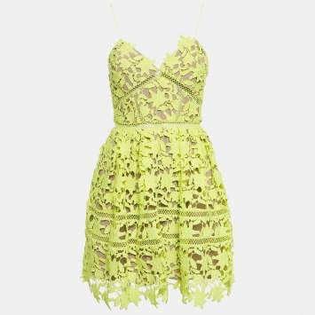مملوكة مسبقًا Self-Portrait Neon Yellow Lace Guipure Sleeveless Azaelea Mini Dress S