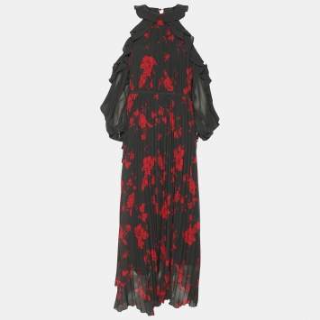 Pre Owned Self-Portrait Red/Khaki Rose Print Polyester Maxi Dress S