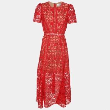 Pre Owned Self-Portrait Red Lace Guipure Midi Dress S