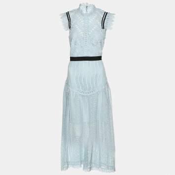 Pre Owned Self-Portrait Blue Lace Midi Dress M