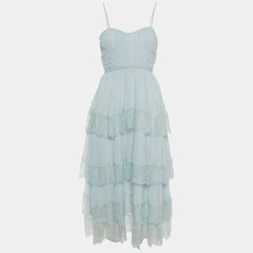 Pre Owned Self-Portrait Blue Chiffon & Lace Tiered Midi Dress M
