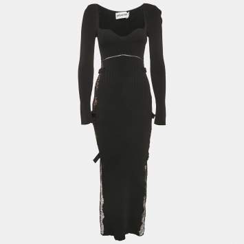 Pre Owned Self-Portrait Black Rib Knit and Lace Midi Dress M