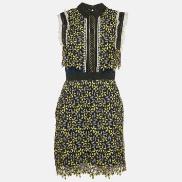 Pre Owned Self-Portrait Blue/Yellow Floral Lace Open Back Mini Dress S