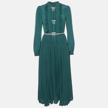 Pre Owned Self-Portrait Green Crystal Embellished Crepe Pleated Midi Dress M