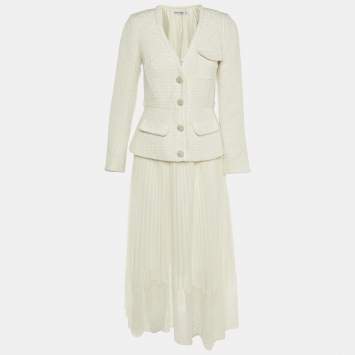 Pre Owned Self-Portrait White Tweed & Crepe Tailored Midi Dress S