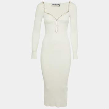 Pre Owned Self-Portrait White Knit Diamante Midi Dress S
