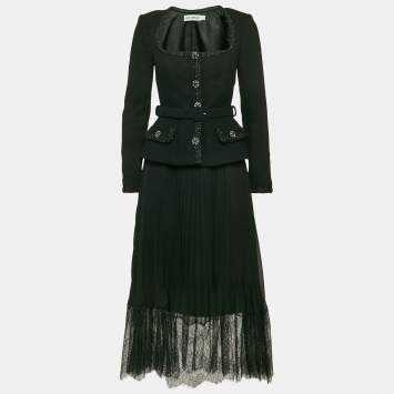 Pre Owned Self-Portrait Black Tweed and Chiffon Pleated Tailored Bodice Midi Dress M