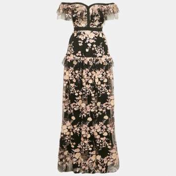 Pre Owned Self-Portrait Black Floral Embroidered Tulle Tiered Maxi Dress M