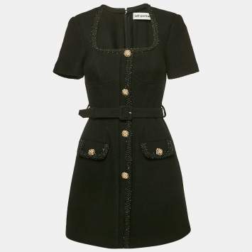 Pre Owned Self-Portrait Black Wool Blend Textured Mini Dress S