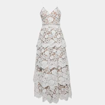 Pre Owned Self-Portrait White Floral Lace Tiered Maxi Dress M