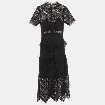 Pre Owned Self-Portrait Black Triangle Lace Tiered Midi Dress S