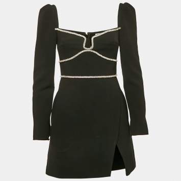 Pre Owned Self-Portrait Black Crepe Crystal Detail Mini Dress S