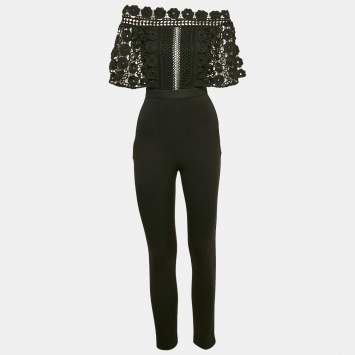 Self-Portrait Black Crepe Lace Overlay Detail Jumpsuit S