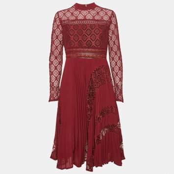 Pre Owned Self-Portrait Burgundy Lace Paneled Plisse Midi Dress L