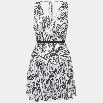 Pre Owned Self-Portrait Monochrome Leopard Printed Plisse Chiffon Sleeveless Mini Dress S
