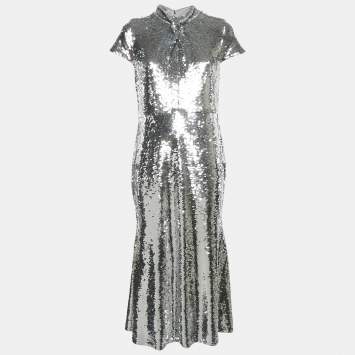 Pre Owned Self-Portrait Silver Sequin Twist Neck Detail Midi Dress M