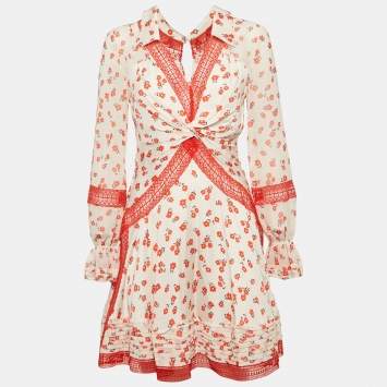 Pre Owned Self-Portrait White Floral Print Chiffon Lace Inserts Mini Dress S