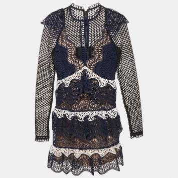 Pre Owned Self-Portrait Navy Blue Lace Tiered Mini Dress S