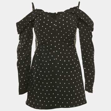 Pre Owned Self-Portrait Black Crepe Embellished Off-Shoulder Diamante Dress M