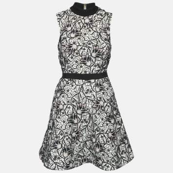 Pre Owned Self-Portrait White/Black Floral Lace Mini Dress S