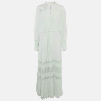 Self-Portrait Green Plisse Crepe Lace Trimmed Maxi Dress M