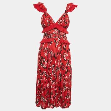 Self-Portrait Red Floral Print Plisse Ruffled Midi Dress S