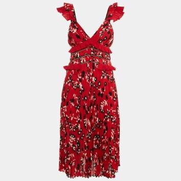 Self-Portrait Red Floral Print Crepe Ruffled Midi Dress S
