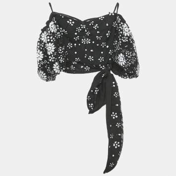 Self-Portrait Black Deco Sequin Mesh Puff Sleeve Top S