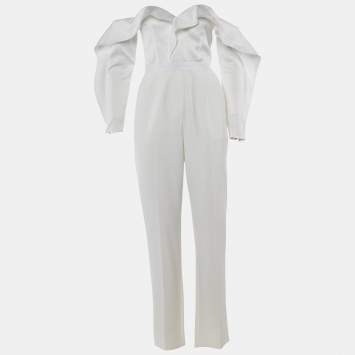 Self-Portrait White Satin & Crepe Off-The-Shoulder Jumpsuit M