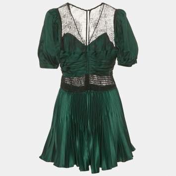Self-Portrait Green Sateen Plisse Lace Detail Mini Dress M
