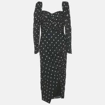 Self-Portrait Black Dots Print Crepe Long Sleeve Midi Dress M