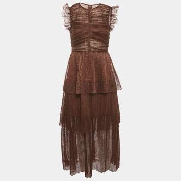 Self-Portrait Brown Lace Ruffled Midi Dress S
