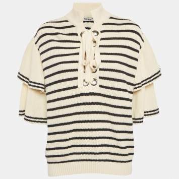 Self-Portrait Cream/Black Striped Rib Knit Lace-Up Neck Sweater L