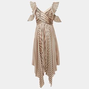 Pre Owned Self-Portrait Beige Striped Satin Asymmetric Midi Dress M