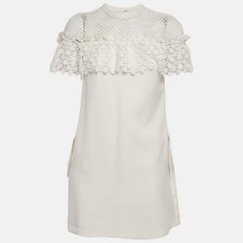 Self-Portrait White Knit Lace Trimmed Mini Shift Dress S